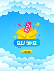 Clearance sale banner. Cloud sky background with offer message. Discount sticker box. Special offer icon. Best advertising coupon cloud banner. Clearance sale badge shape. Blue sky background. Vector