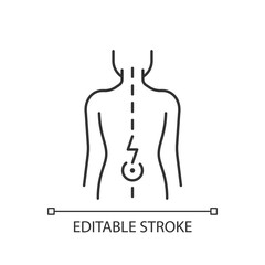 Obraz premium Lower back pain linear icon. Aging-related wear. Physical disability. Ruptured, bulging disc. Thin line customizable illustration. Contour symbol. Vector isolated outline drawing. Editable stroke