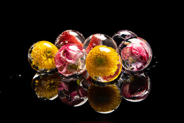 Ice balls with fruits and flowers for cocktails on black background