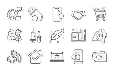 Online shopping, Feather and Handshake line icons set. Seo shopping, Smartphone recovery and Flash memory signs. Medical vaccination, Cash and Tree symbols. Line icons set. Vector