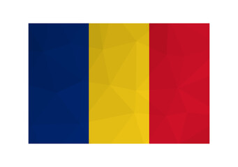 Vector isolated illustration. National Romanian tricolor flag with bands of blue, yellow, red. Official symbol of Romania. Creative design in low poly style with triangular shapes. Gradient effect.