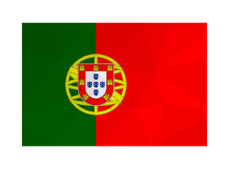 Vector isolated illustration. National Portuguese bicolour flag with bands of red, green and coat of arms . Official symbol of Portugal. Creative design in low poly style with triangular shapes. 