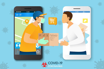 Social Distancing Technology Help by Mobile Phone Application to Buy Item Via Online Service Man Order Good and Messenger Deliver Package to Him During Coronavirus Covid-19 Pandemic Vector Graphics