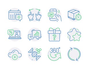Business icons set. Included icon as 360 degrees, 24h service, Delivery timer signs. Star, Cloud computing, Chemistry dna symbols. Move gesture, Travel calendar, Online loan. Graph chart. Vector