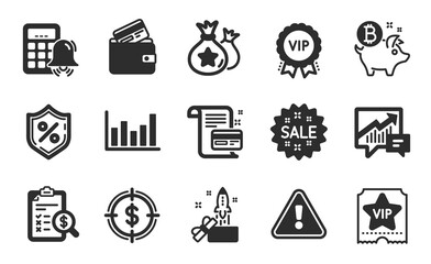 Payment card, Innovation and Loan percent icons simple set. Bitcoin coin, Accounting report and Calculator alarm signs. Dollar target, Debit card and Column chart symbols. Flat icons set. Vector