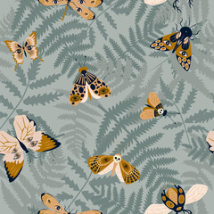 Mystical seamless pattern with fern and insects, bugs, bee, butterfly, moth. Editable vector illustration.