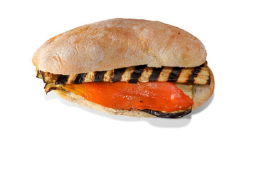 Sandwich with grilled red pepper and grilled eggplant slices isolated on white, copy space