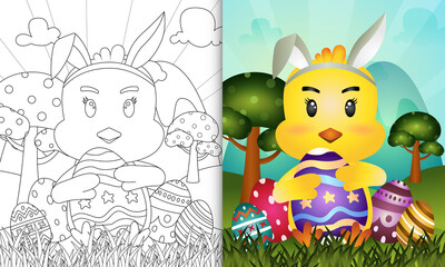Coloring Book Kids Themed Easter With Cute Chick Using Bunny Ears