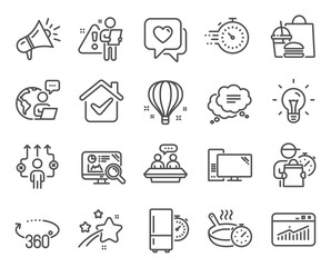 Business icons set. Included icon as Heart, Computer, 360 degrees signs. Seo analytics, Text message, Timer symbols. Idea, Refrigerator timer, Megaphone. Business way, Air balloon. Vector