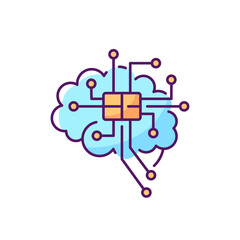 Brain microcircuit RGB color icon. Innovative technology. Machine learning. Artificial intelligence. Brain with integrated processor. Futuristic human body augmentation. Isolated vector illustration