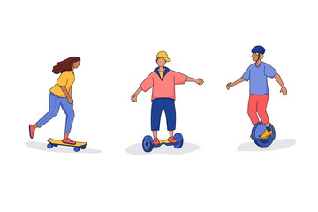 Obraz premium People go in for outdoor eco friendly sport activity: skateboarding, monocycle, hoverboard. Set of isolated cartoon character illustration in outline style.