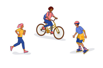 People go in for outdoor eco friendly sport activity: running, roller skating, bicycling. Set of isolated cartoon character illustration in outline style.