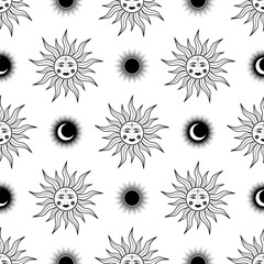 Hand drawn seamless pattern of mystical Sun with woman's face, moon. Celestial space vector in line art. Magic sketch illustration for greeting card, invitation, wallpaper, wrapping paper, fabric