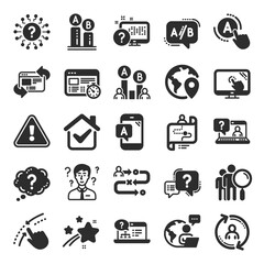 UX icons. Set of AB testing, Journey path map and Question mark icons. Usability quiz test, Ux Ui and User flow. Project process, ab testing graph, survey test results. Quiz question. Vector