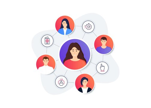 Set of Business icons, such as Timer, Passport, Click hand symbols. Online team work banner. Employee remote job. Chemistry experiment line icons. Vector