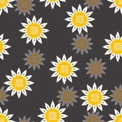 Ethnic Sunflowers on Black Background Vector Seamless Pattern
