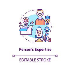 Fototapeta na wymiar Person expertise concept icon. Essential business knowledge. Skills improvement. Professional worker idea thin line illustration. Vector isolated outline RGB color drawing. Editable stroke