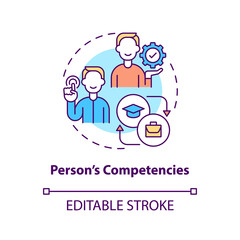 Person competencies concept icon. Experienced specialist skills and knowledge. Professional growth idea thin line illustration. Vector isolated outline RGB color drawing. Editable stroke