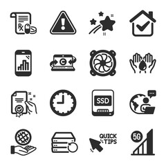 Set of Science icons, such as Safe planet, Medical prescription, Safe water symbols. Computer fan, Recovery server, Quick tips signs. Graph phone, 5g wifi, Copywriting notebook. Time, Ssd. Vector