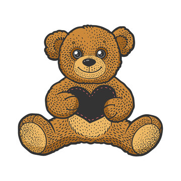 Teddy bear toy with heart valentine day gift color sketch engraving vector illustration. T-shirt apparel print design. Scratch board imitation. Black and white hand drawn image.