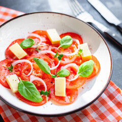 summer tomato salad veggie vegetable, cheese, onion diet vitamin on the table healthy food meal snack copy space food background rustic. top view vegan or vegetarian food