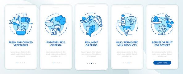 Healthy school eating onboarding mobile app page screen with concepts. Potatoes and rice walkthrough 5 steps graphic instructions. UI, UX, GUI vector template with linear color illustrations