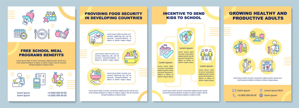 Free school meal programs benefits brochure template. Food security. Flyer, booklet, leaflet print, cover design with linear icons. Vector layouts for presentation, annual reports, advertisement pages
