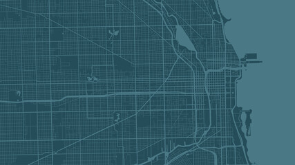 Blue cyan Chicago city area vector background map, streets and water cartography illustration.