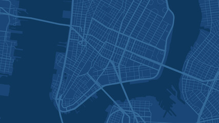 Blue New York city area vector background map, streets and water cartography illustration.