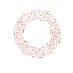 Watercolor floral wreath. Hand painted frame of greenery, pink wildflowers, hydrangea, lilac, herbs. Leaves, flowers isolated on white background. Botanical illustration for design, print