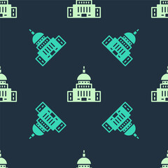 Green and beige White House icon isolated seamless pattern on blue background. Washington DC. Vector