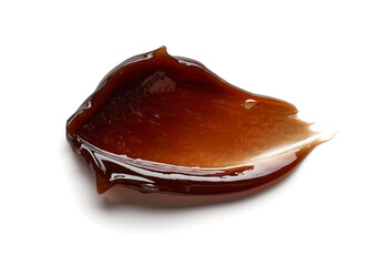 Chocolate colored gel smear and texture. Cosmetic gel or caramel syrup on white background