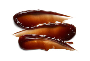 Chocolate colored gel smear and texture. Cosmetic gel or caramel syrup on white background
