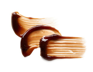 Chocolate colored gel smear and texture. Cosmetic gel or caramel syrup on white background