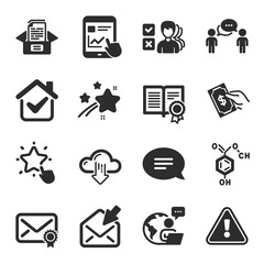 Set of Education icons, such as Ranking star, Open mail, Consulting business symbols. Documents box, Cloud download, Chemical formula signs. Opinion, Verified mail, Internet report. Chat. Vector