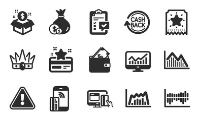 Loyalty card, Contactless payment and Loyalty ticket icons simple set. Cashback, Cash and Online payment signs. Post package, Checklist and Infographic graph symbols. Flat icons set. Vector