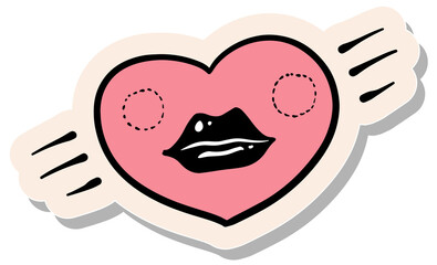 Hand drawn sticker style Hand draw woman lips inside heart shape outline vector illustration