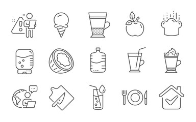 Double latte, Eco food and Cooking hat line icons set. Coconut, Cutting board and Coffee cup signs. Ice cream, Water glass and Cooler bottle symbols. Water cooler, Food and Latte coffee. Vector