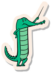 Hand drawn sticker style crocodile holding stick vector illustration