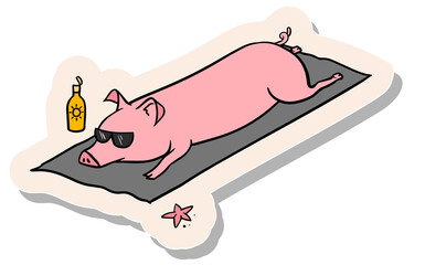 Hand drawn sticker style Pig laying at the beach vector illustration - obrazy, fototapety, plakaty
