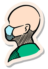 Hand drawn sticker style Human head figure wearing medical face mask vector illustration