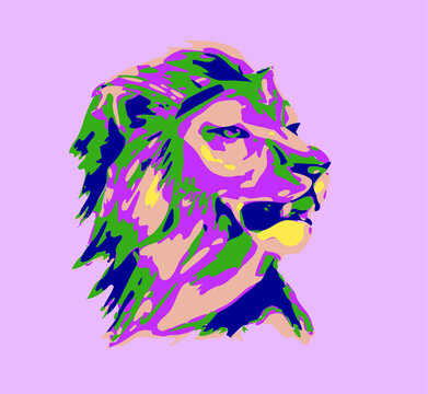 Watercolor lion, drawn with unusuall colouurs: green, pink, blue and yellow. Could be a nice logo, suitable for advertisment, web design or print.