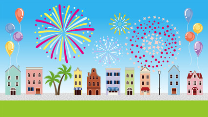 Fototapeta premium Fireworks display in small town at daytime - summer landscape