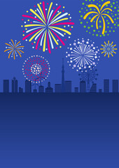 Fototapeta premium Fireworks display in the city background at night - summer landscape, vertical