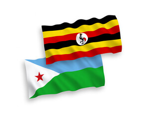 National vector fabric wave flags of Republic of Djibouti and Uganda isolated on white background. 1 to 2 proportion.