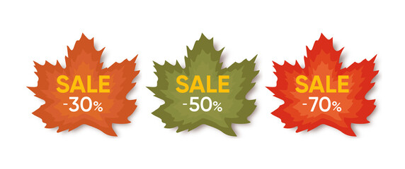 Autumn leaves icon with discounts. Leaf label with text sale. Sticker with discounts. Vector illustration 