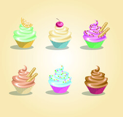 A set of cupcakes with green, vanilla, pink, blue and chocolate cream with cherry and orange on the top.