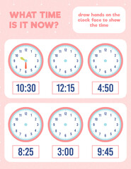 What time is it? Draw hands on the clock face. Time worksheet practice print page.