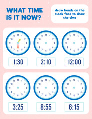 What time is it? Draw hands on the clock face. Time worksheet practice print page.