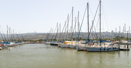 Berth parking with a large number of yachts in the Mediterranean Sea at the port of Haifa in Israel